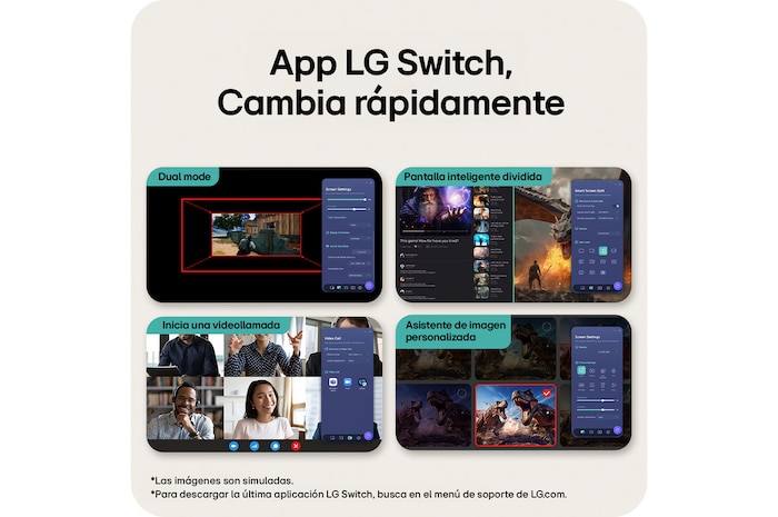 Imagen general de las características que muestra la interfaz de un monitor gaming, con ajuste de visualización de Modo Dual, Smart Screen Split para diseños multitarea, inicio de videollamadas con un solo clic y un Asistente de Imagen Personalizado para configurar los ajustes de pantalla a medida.
